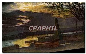 Bateaux - La Nuit - lune - boats - moon - Carte Postale Ancienne