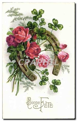 Fêtes - Voeux - Bonne Fête - Rose - trefle - four leaf clover Fer a repasser - Carte Postale Anci...