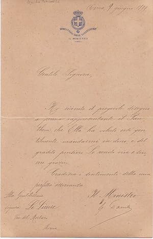 Lettera manoscritta con firma autografa inviata alla Sig.ra Le Lieure, Roma