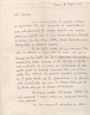 Lettera autografa firmata inviata al poeta e giornalista Enzo Fabiani. Datata 18 luglio 1962.