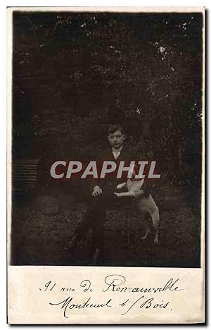 CARTE PHOTO Montreuil sous Bois 91 rue de Romainville Jeune homme avec son chien