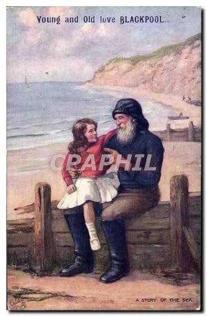 Carte Postale Ancienne Young And Old Love Blackpool Pecheur Peche Enfant