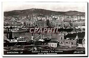 Carte Postale Ancienne Barcelona Catedral Correos y Via Layetana Desde La Barceloneta Bateaux