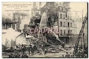 Carte Postale Ancienne Sapeurs Pompiers Elbeuf Grande incendie du 26 fevrier 1911 Publicite Coffr...