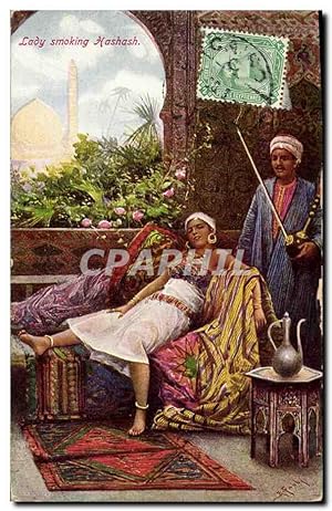 Carte Postale Ancienne Fantaisie Orientalisme Lady smoking Hashash