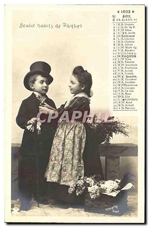 Carte Postale Ancienne Calendrier Avril 1903 Beaux habits de Pâques Enfants Jeux