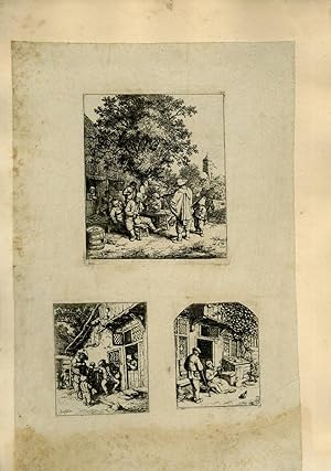 Planche illustrée de 3 gravures originales en noir et blanc : 3 scènes de village.