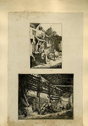 Planche illustrée de 3 gravures originales en noir et blanc : Une scène de village, avec 5 villag...