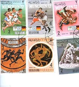 Pochette de 6 timbres-poste oblitérés, de Ras Al Khaima. Jeux Olympiques de Munich, 1972.