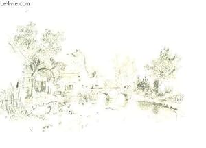 Un dessin original, au crayon d'une entrée de village, avec son pont de pierre, traversée par un ...