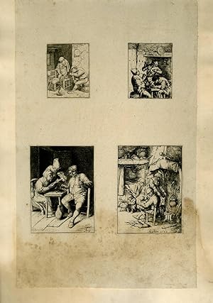 Planche illustrée de 4 gravures originales en noir et blanc : Scènes de villageois durant leurs r...