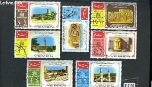 Collection de 7 timbres-poste oblitérés, du Yemen. Temples.