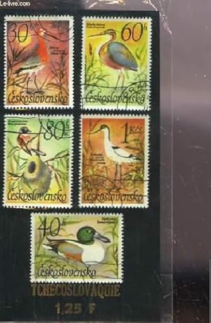 Collection de 5 timbres-poste oblitérés, de Tchécoslovaquie. Série : Oiseaux.