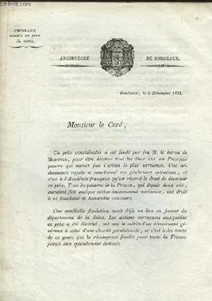 Lettre de l'Archevêché de Bordeaux à M. Le Curé. Circulaire relative au prix de vertu.