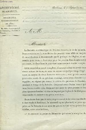 Lettre de l'Archevêché de Bordeaux à M. Le Curé. Retraite Ecclésiastique de 1821