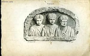 Gravure XIXe en noir et blanc, d'Antiques reliques gravées dans la pierre. Planche N° XXXIV : 3 b...