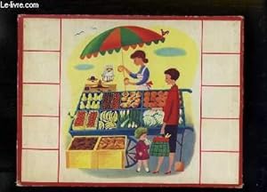 Planche illustrée, d'une maman avec sa fille devant un stand de fruits et légumes.