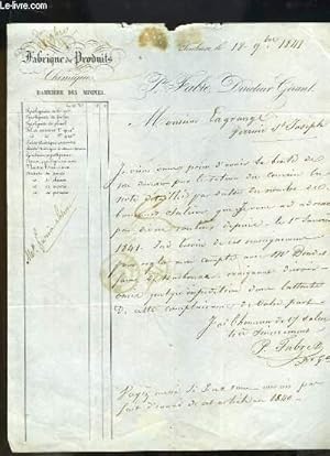 Lettre manuscrite de P. Fabie à Monsieur Lagrange - Barrière des Minimes.