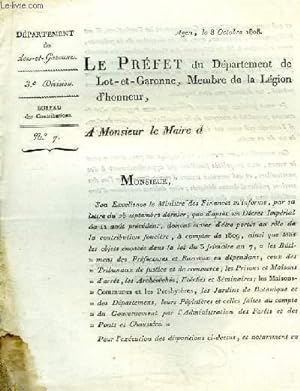 1 lettre imprimée N°7, du Préfet du Département de Lot-et-Garonne, Baron de l'Empire, Membre de l...