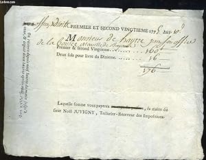 Une facture ancienne "Premier et Second Vingtième 1775. Art. 10"