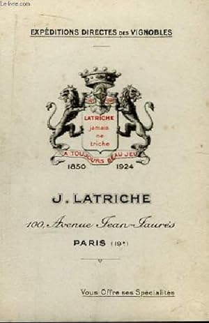 Carte de Visite de J. Latriche, Expéditions Directes des Vignobles.