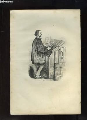 Gravure XIXe siècle, en noir et blanc, d'un homme face à son atelier, pupitre.