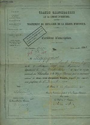 Un Certificat d'Inscription à la Grande Chancellerie de la Légion d'Honneur - Traitement de Cheva...