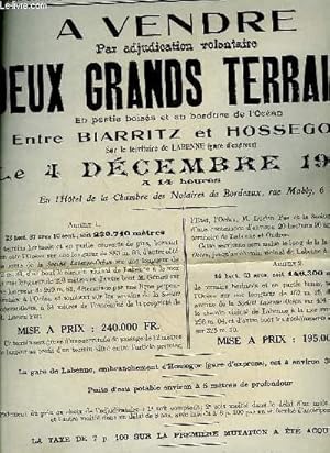 Affiche de la Vente par adjudication volontaire de deux grands terrains boisés en bordure d'océan...