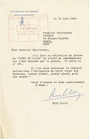 Typed Letter Signed from René Clair to Monsieur Gay-Lussac, 1962