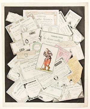 [Trompe l'oeil of paper money and other printed financial ephemera]
