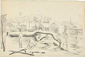 [ORIGINAL SIGNED PENCIL SKETCH, FROM LIFE, OF A SCENE IN A CALIFORNIA GOLD RUSH TOWN]