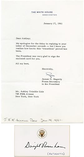 [CARD, AUTOGRAPHED BY DWIGHT D. EISENHOWER, WITH ACCOMPANYING LETTER FROM HIS SECRETARY]