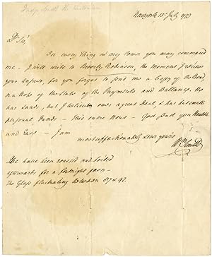 [AUTOGRAPH LETTER, SIGNED, FROM JUDGE WILLIAM SMITH TO GEN. JOHN BRADSTREET, REGARDING PAYMENT OF...