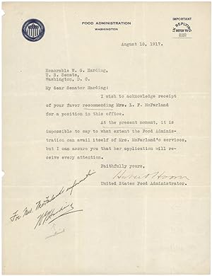 [TYPED LETTER, SIGNED, FROM HERBERT HOOVER TO WARREN G. HARDING, REGARDING AN APPLICATION FOR A P...