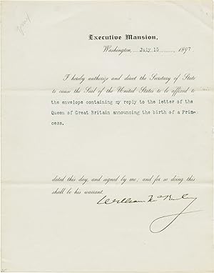 [PARTIALLY-PRINTED DOCUMENT, SIGNED BY PRESIDENT WILLIAM McKINLEY, AUTHORIZING THE USE OF THE OFF...