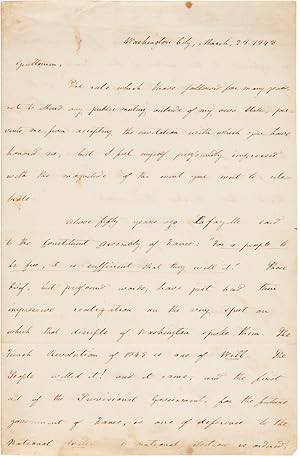 [AUTOGRAPH LETTER, SIGNED, FROM THOMAS HART BENTON, DISCUSSING THE FRENCH REVOLUTION OF 1848]