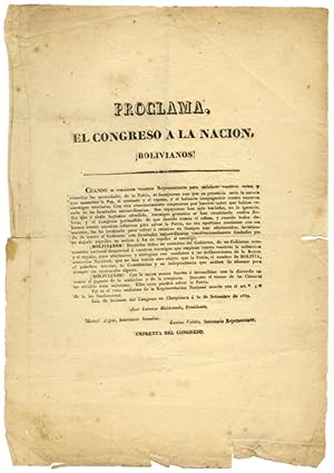 PROCLAMA. EL CONGRESO A LA NACION, ¡BOLIVIANOS! [caption title]