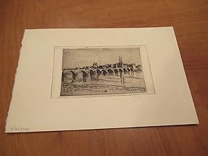 Original Etching Of An Old Town With A Long Bridge Over A River, By Stanley Harrod