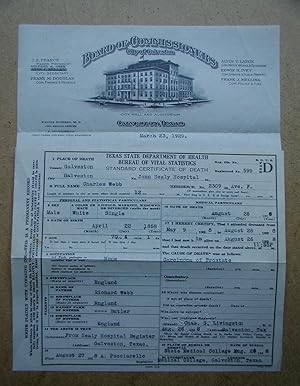 Board of Commissioners, Galveston, Texas. Death Certificate of Charles Webb. 1928.