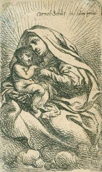 Virgin & Child sitting on clouds, turned to left, the Virgin with a large headgear.