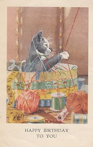 Kitten Cat In Sewing Basket Happy Birthday Tangled In String Happy Birthday Postcard