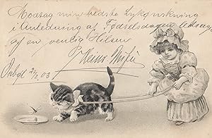 Little Red Riding Hood Style Old French Cat On Lead Doll 1903 Postcard