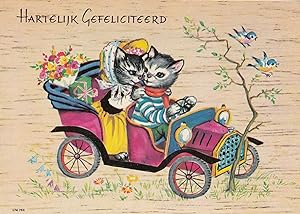 Cats In Pink Dutch Transport Antique Car Hartelijk Gefeliciteerd Postcard