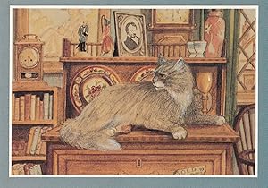 Cat In Antique Shop Guarding Book Library Clock China Painting Postcard