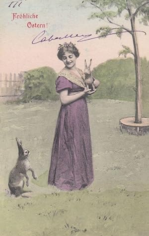 Big Rabbbit Begging to German Lady For Toy Baby Rabbit Antique Germany Postcard