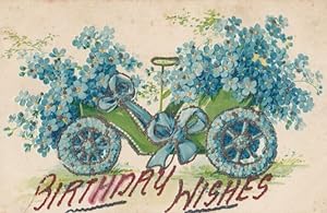 Blue Birthday Floral Cycle Floral Car REAL GLITTER ANTIQUE 3D STYLE Old Postcard