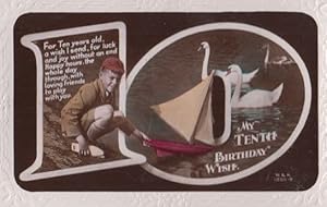 Boy With Toy Model Boat Swans Birds Greetings Antique Old 10th Birthday Postcard