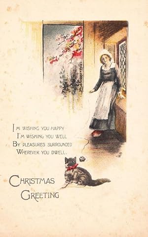 House Maid & Cat Playing Play With Ball Of String Christmas Old Antique Postcard