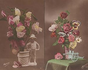 Military Tank Shot Gun Flower Boy Statue 2x Antique French Greetings Postcard