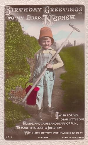 Boy Garden Rake Hat Gardening Real Photo Antique Happy Birthday Nephew Postcard